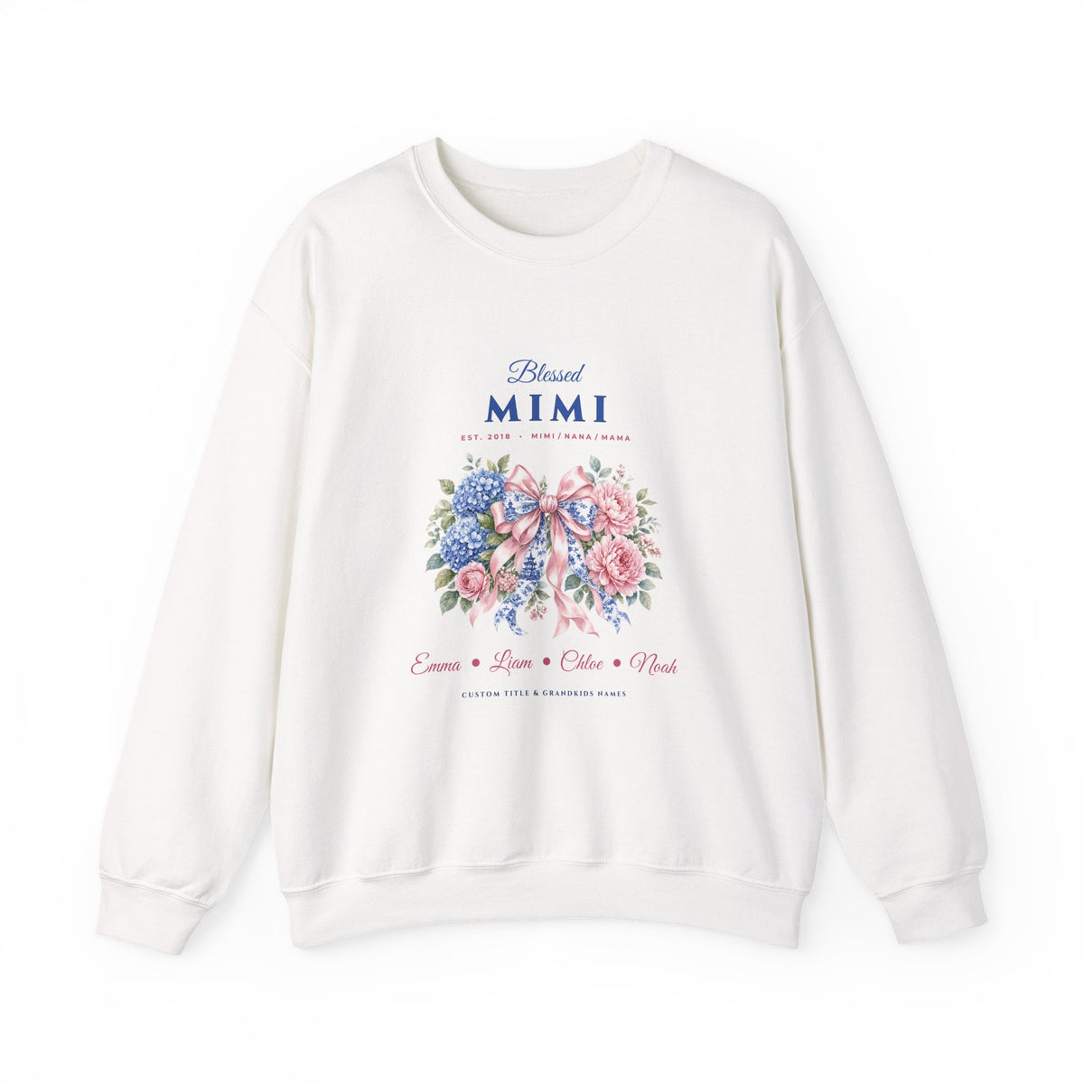Personalized Blessed Mimi Nana or Mama Chinoiserie Bow Sweatshirt with Grandkids Names at American Grace USA