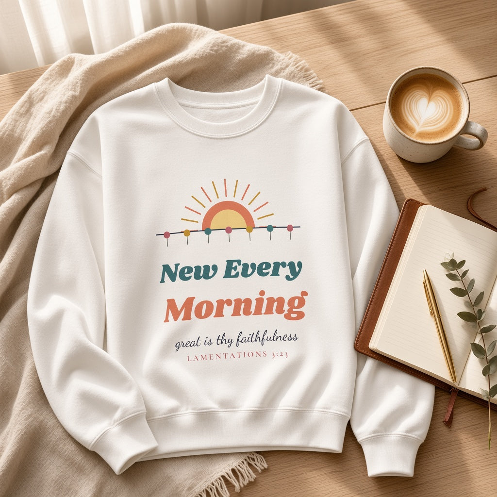 Christian Sweatshirt for Women - New Every Morning Lamentations 3:23 Boutique Flat Lay