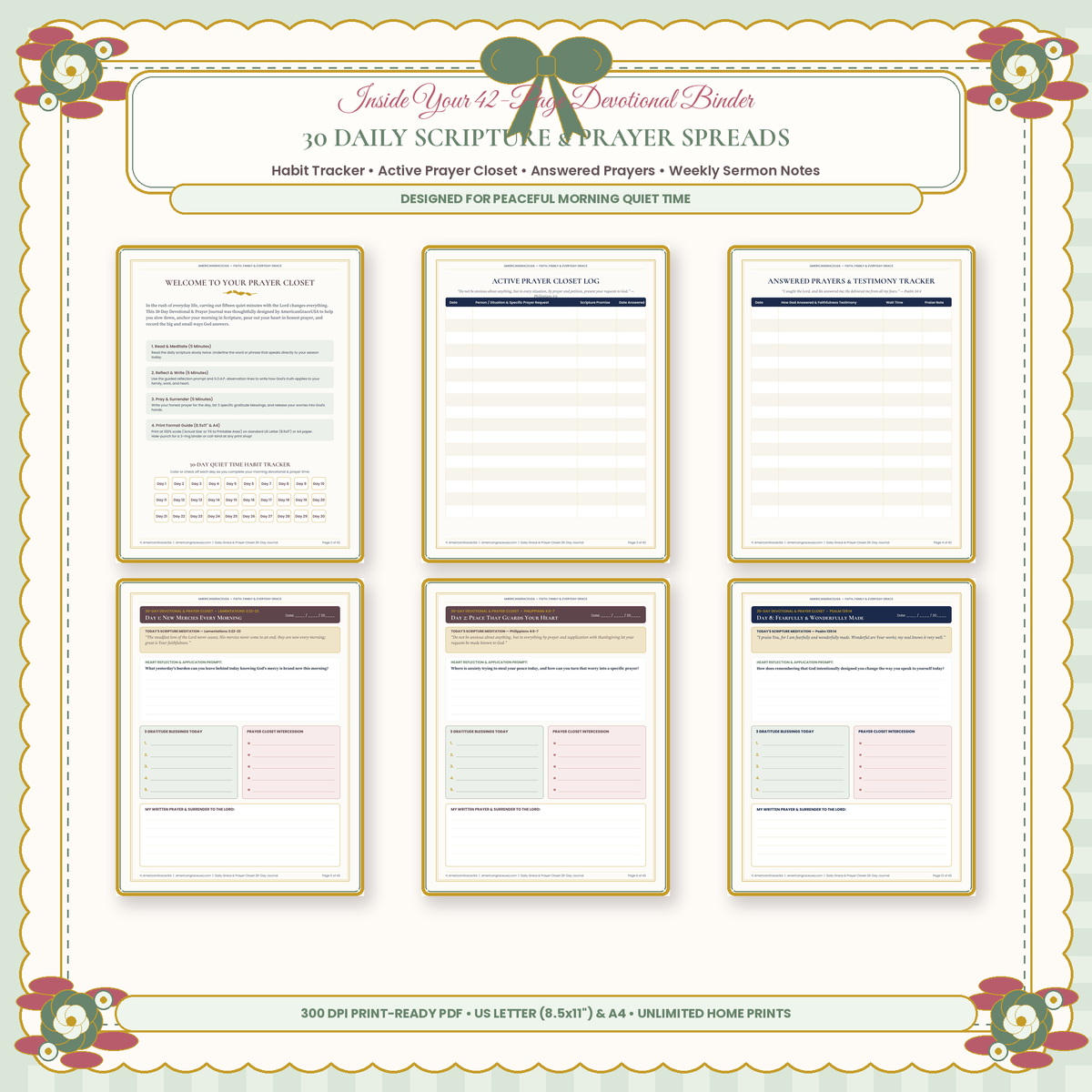 30-Day Daily Grace & Prayer Closet Printable Journal - Inside Spreads