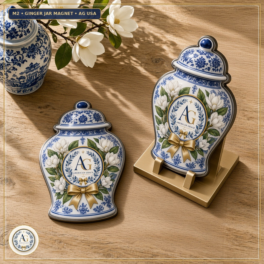 "Magnolia Lane" Heirloom Ginger Jar & Blooming Magnolia Die-Cut Refrigerator Magnet — Flagship Boutique Oak Table Studio
