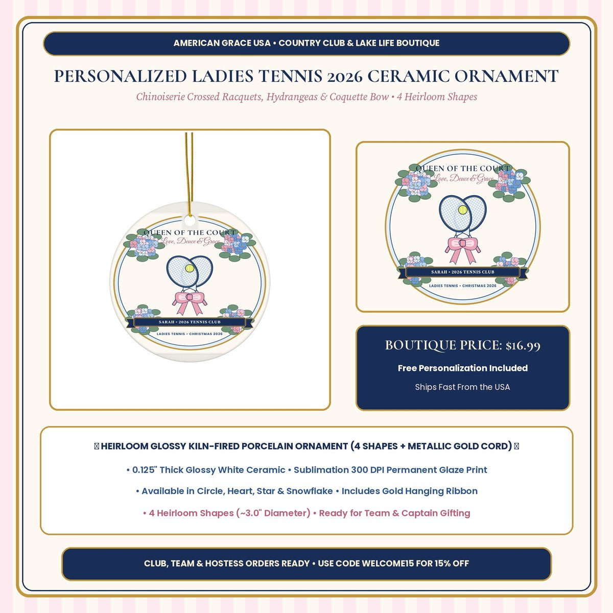 Personalized Queen of the Court Ladies Tennis 2026 Ceramic Ornament Boutique Hero Showcase