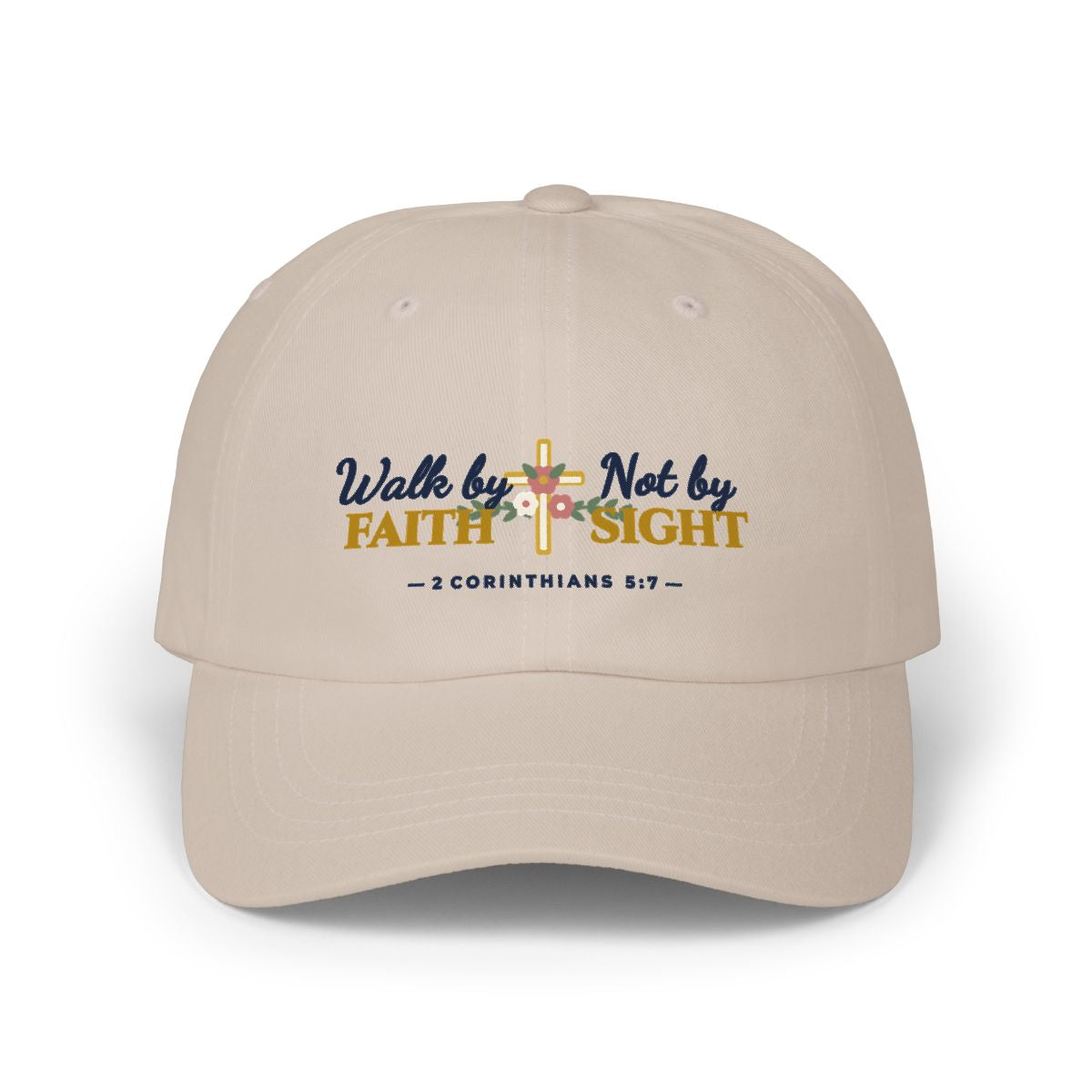 Walk By Faith Floral Cross Classic Dad Cap — Stone Front View