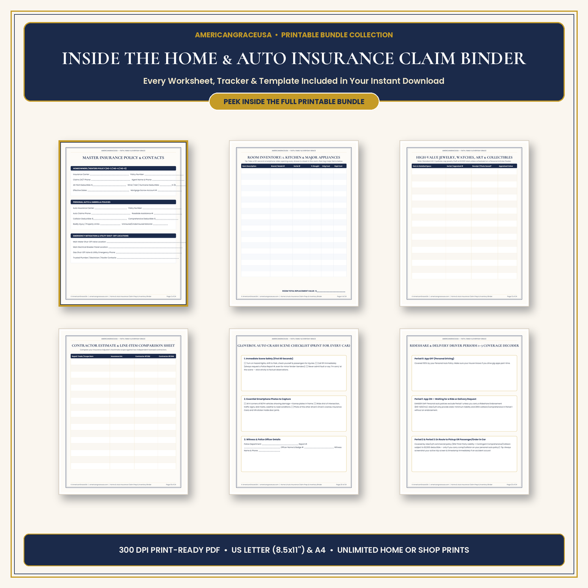 Home & Auto Insurance Claim Prep & Household Inventory Binder - Inside Worksheets & Logs