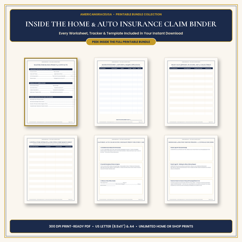 Home & Auto Insurance Claim Prep & Household Inventory Binder - Inside Worksheets & Logs