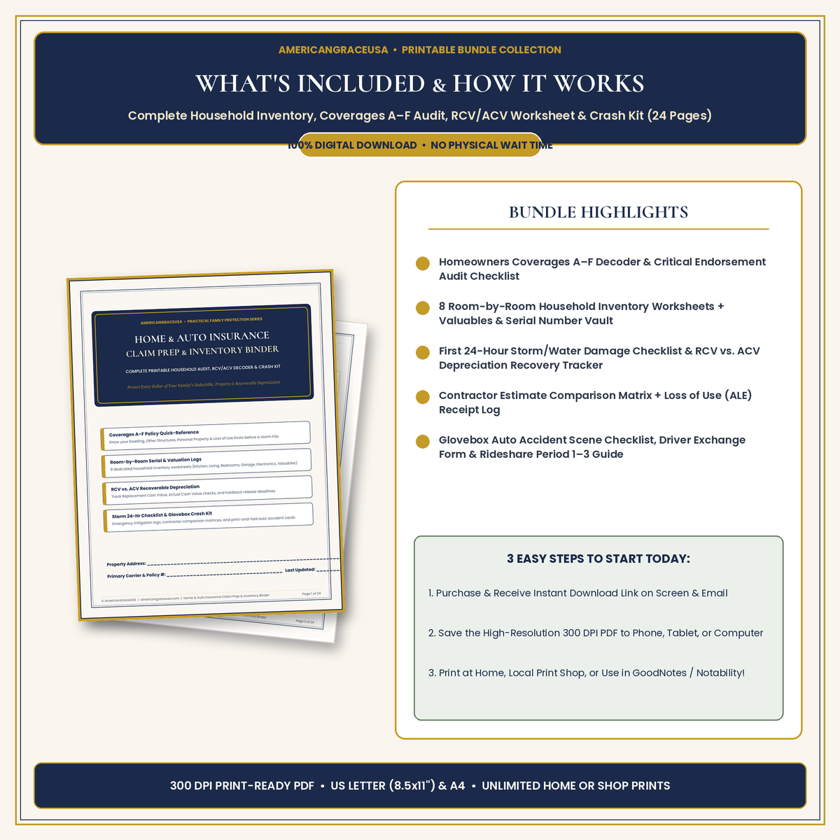 Home & Auto Insurance Claim Prep & Household Inventory Binder - Bundle Highlights & Features