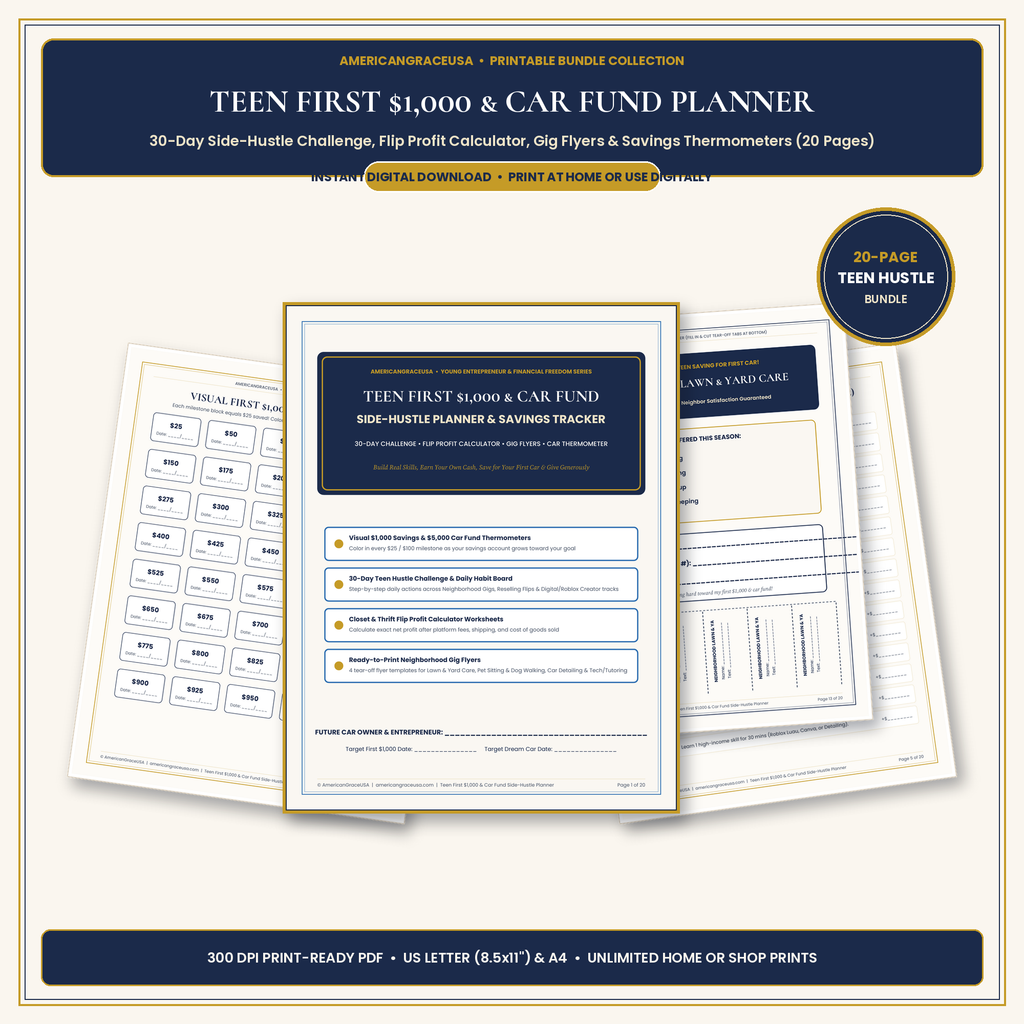 Teen First $1,000 & Car Fund Printable Side-Hustle Planner & Savings Tracker - Hero Showcase