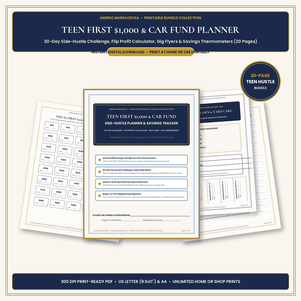 Teen First $1,000 & Car Fund Printable Side-Hustle Planner & Savings Tracker - Hero Showcase