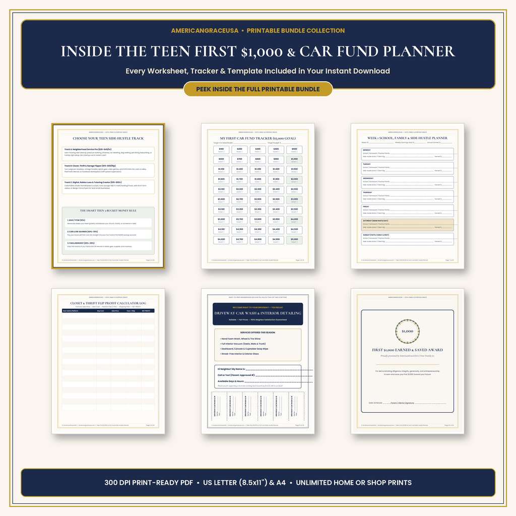 Teen First $1,000 & Car Fund Printable Side-Hustle Planner - Inside Thermometers, Flyers & Calculators