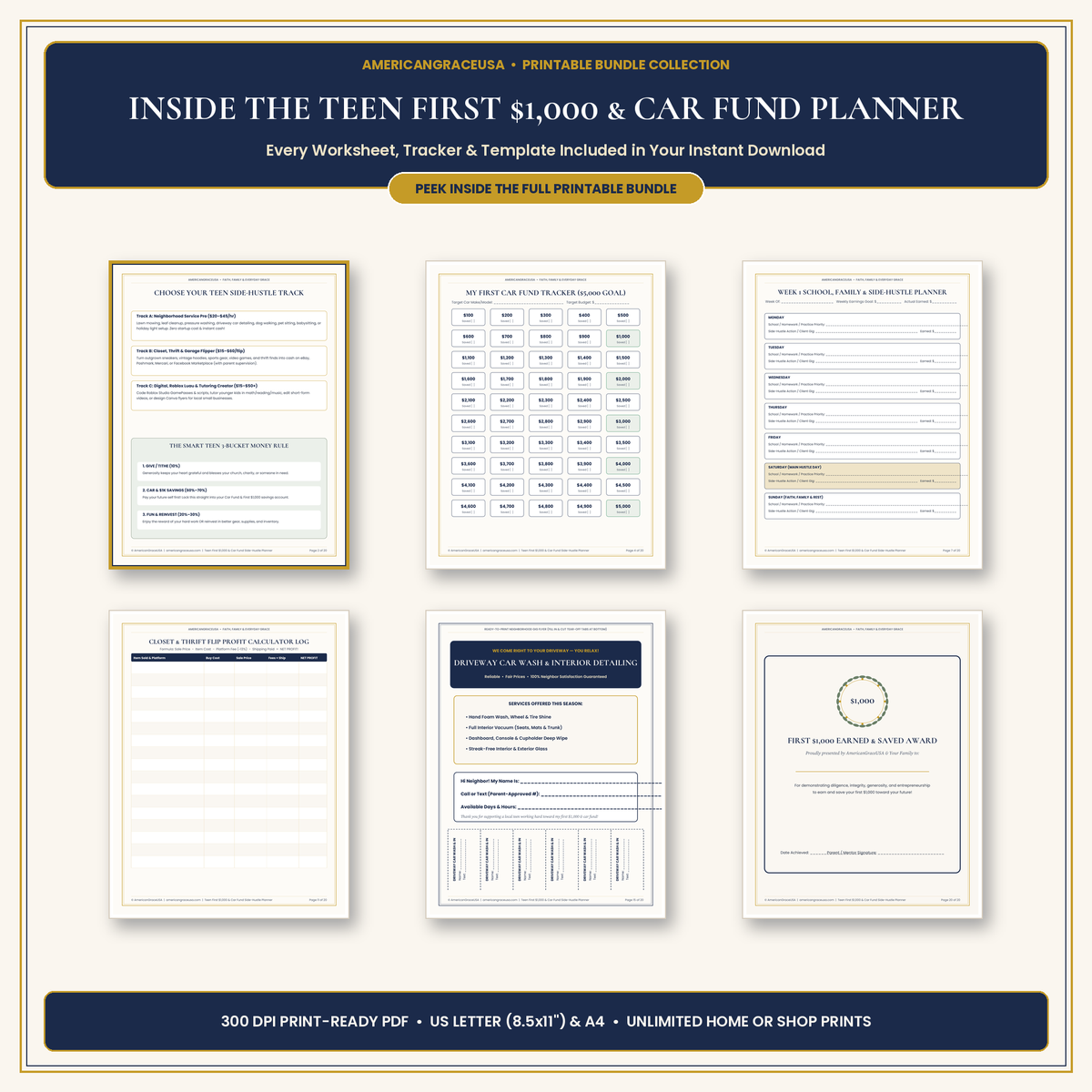 Teen First $1,000 & Car Fund Printable Side-Hustle Planner - Inside Thermometers, Flyers & Calculators
