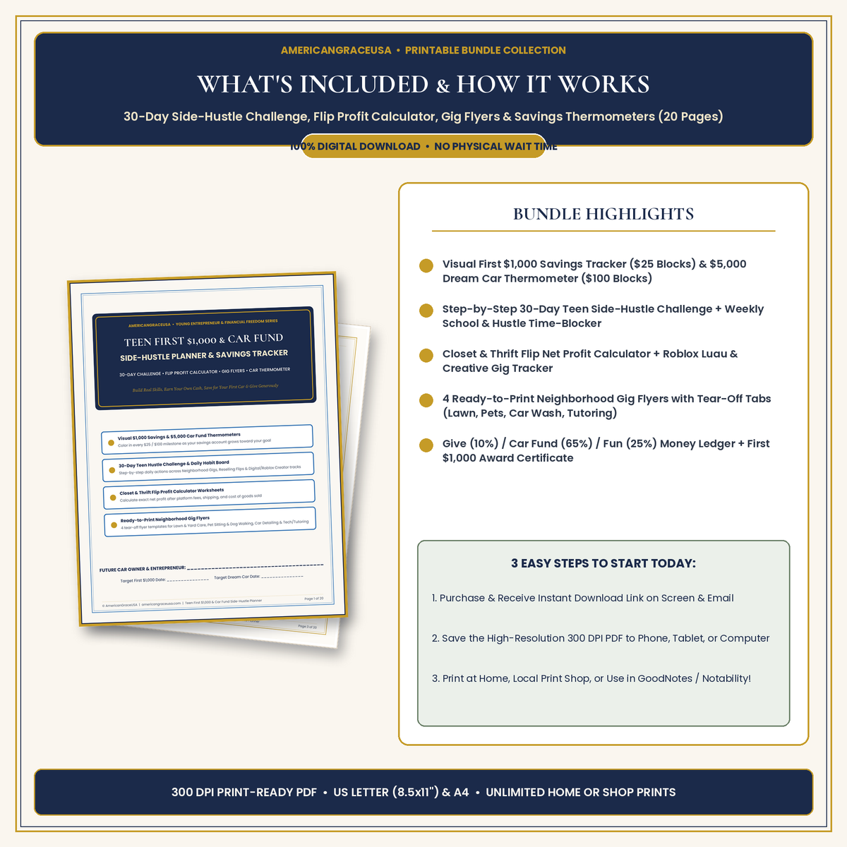 Teen First $1,000 & Car Fund Printable Side-Hustle Planner - Bundle Highlights & How It Works