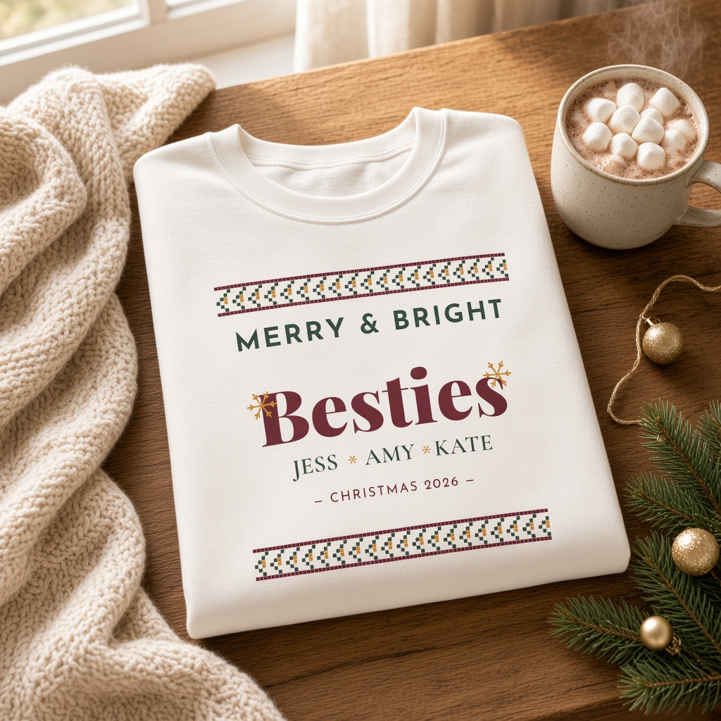 Merry and Bright Besties Christmas Sweatshirt Personalized Boutique Flat Lay