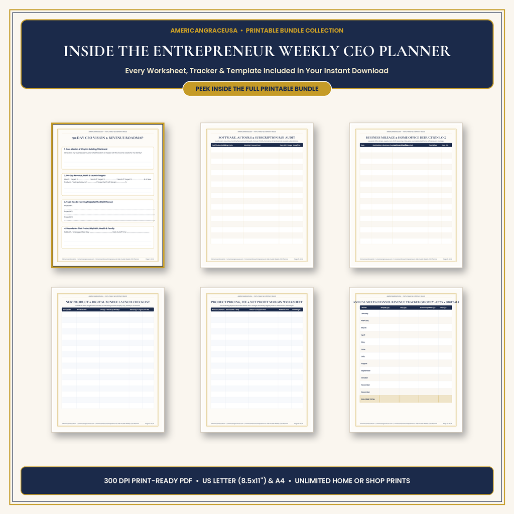 AmericanGrace Entrepreneur & Side-Hustle Weekly CEO Planner - Inside Schedule C, Launch & KPI Spreads