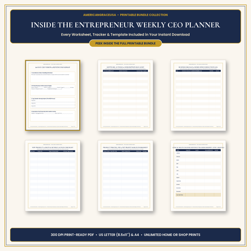 AmericanGrace Entrepreneur & Side-Hustle Weekly CEO Planner - Inside Schedule C, Launch & KPI Spreads