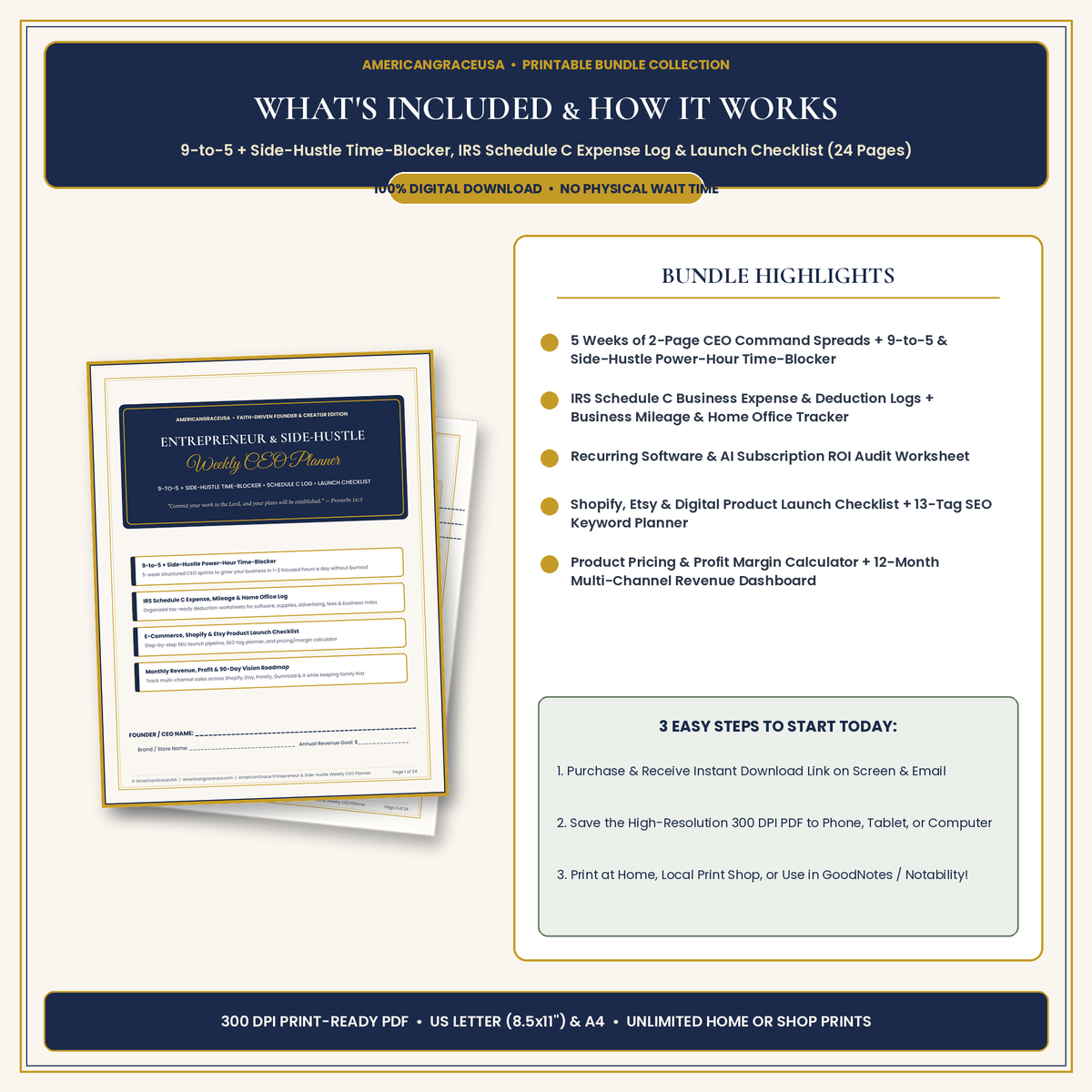 AmericanGrace Entrepreneur & Side-Hustle Weekly CEO Planner - Bundle Highlights & How It Works