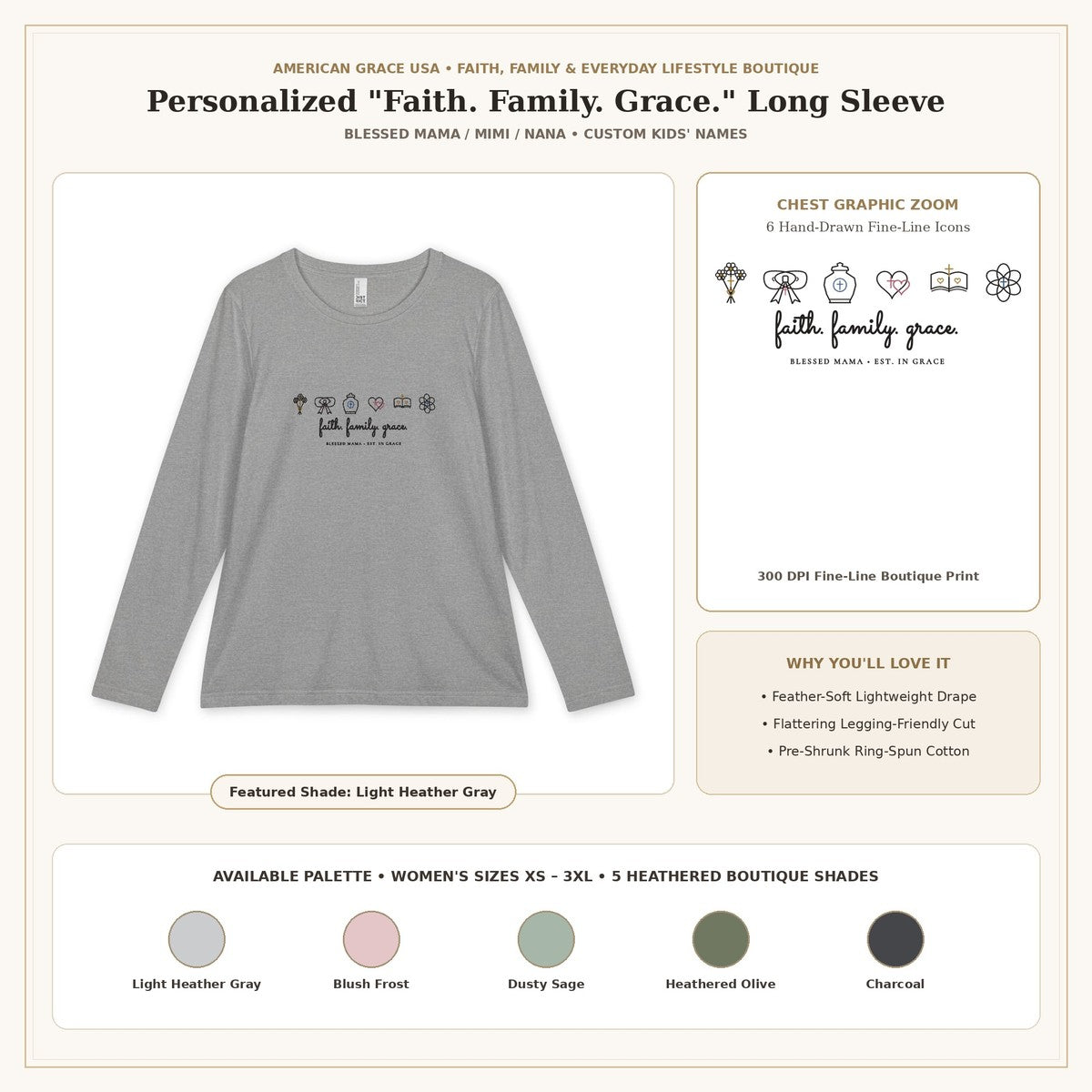 Personalized Faith Family Grace Women's Long Sleeve Boutique Showcase & Chest Graphic Zoom | American Grace USA