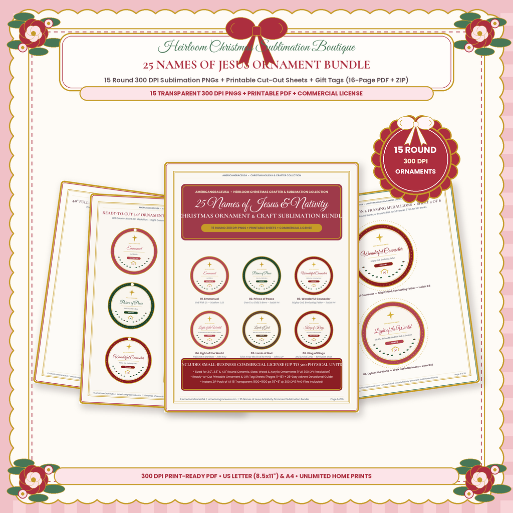25 Names of Jesus & Nativity 15-Ornament Sublimation PNG & Printable Bundle - Boutique Scalloped Cover