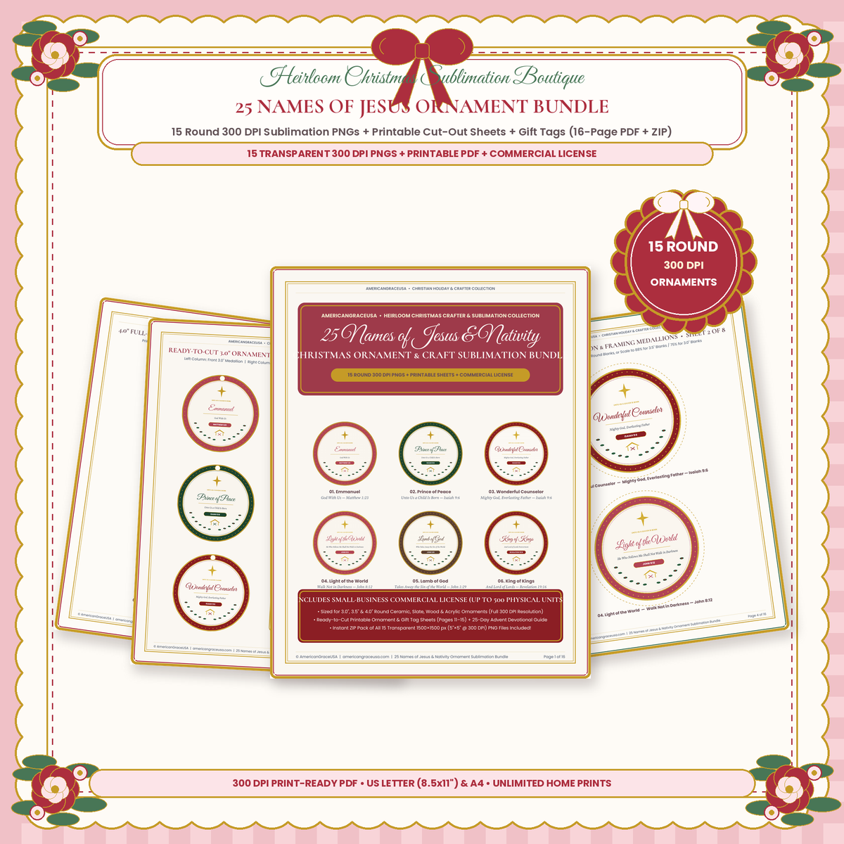 25 Names of Jesus & Nativity 15-Ornament Sublimation PNG & Printable Bundle - Boutique Scalloped Cover