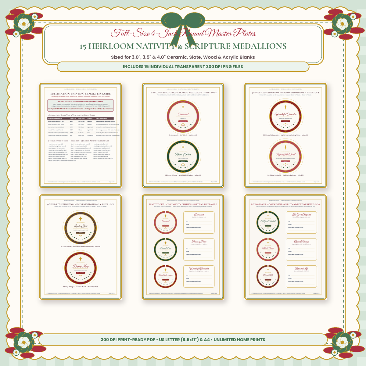 25 Names of Jesus & Nativity 15-Ornament Sublimation Bundle - All 15 Ornaments Showcase