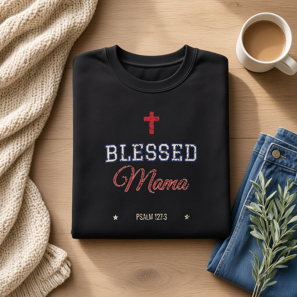 Blessed Mama Sweatshirt Christian Mom Varsity Crewneck Boutique Flat Lay