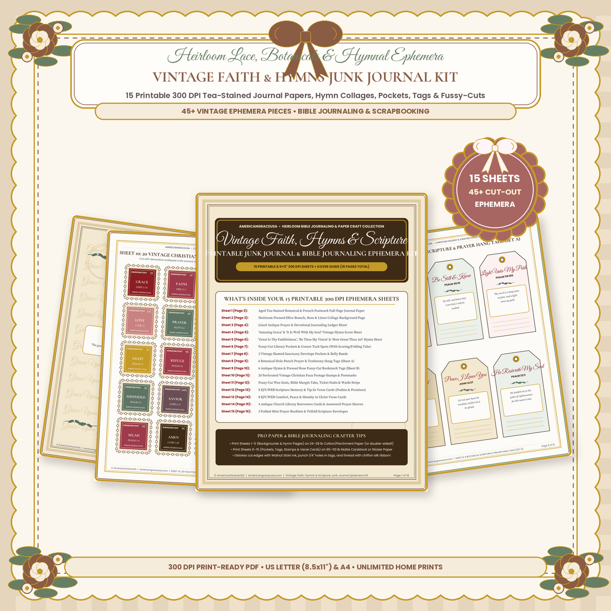Vintage Faith, Hymns & Scripture 15-Sheet Printable Junk Journal Ephemera Kit - Boutique Lace Cover