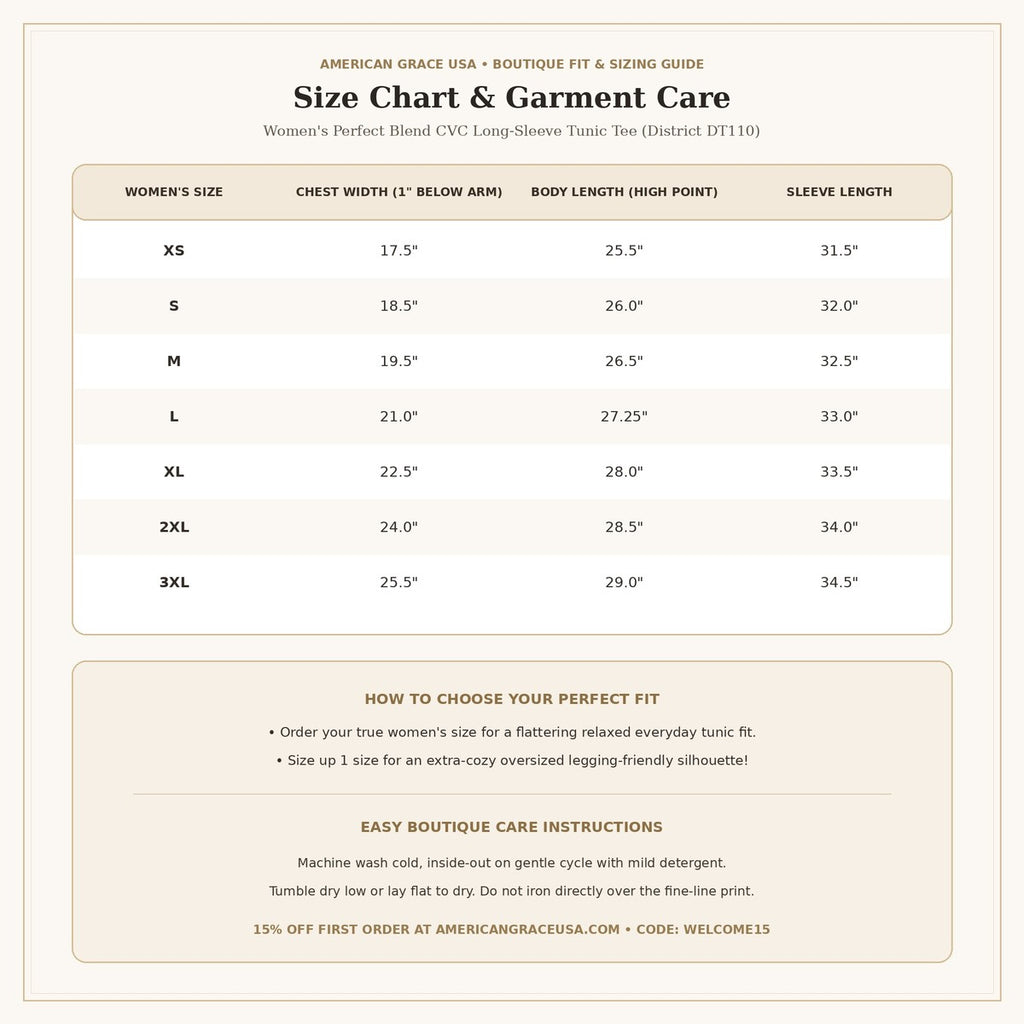 Women's Perfect Blend CVC Long Sleeve Size Chart & Care Guide | American Grace USA