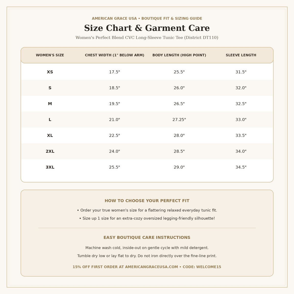 Women's Perfect Blend CVC Long Sleeve Size Chart & Care Guide | American Grace USA