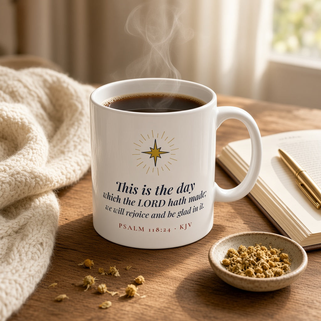 This Is the Day Which the Lord Hath Made Mug - Psalm 118:24 Christian Coffee Mug, 11oz — Cozy Boutique Lifestyle Photo