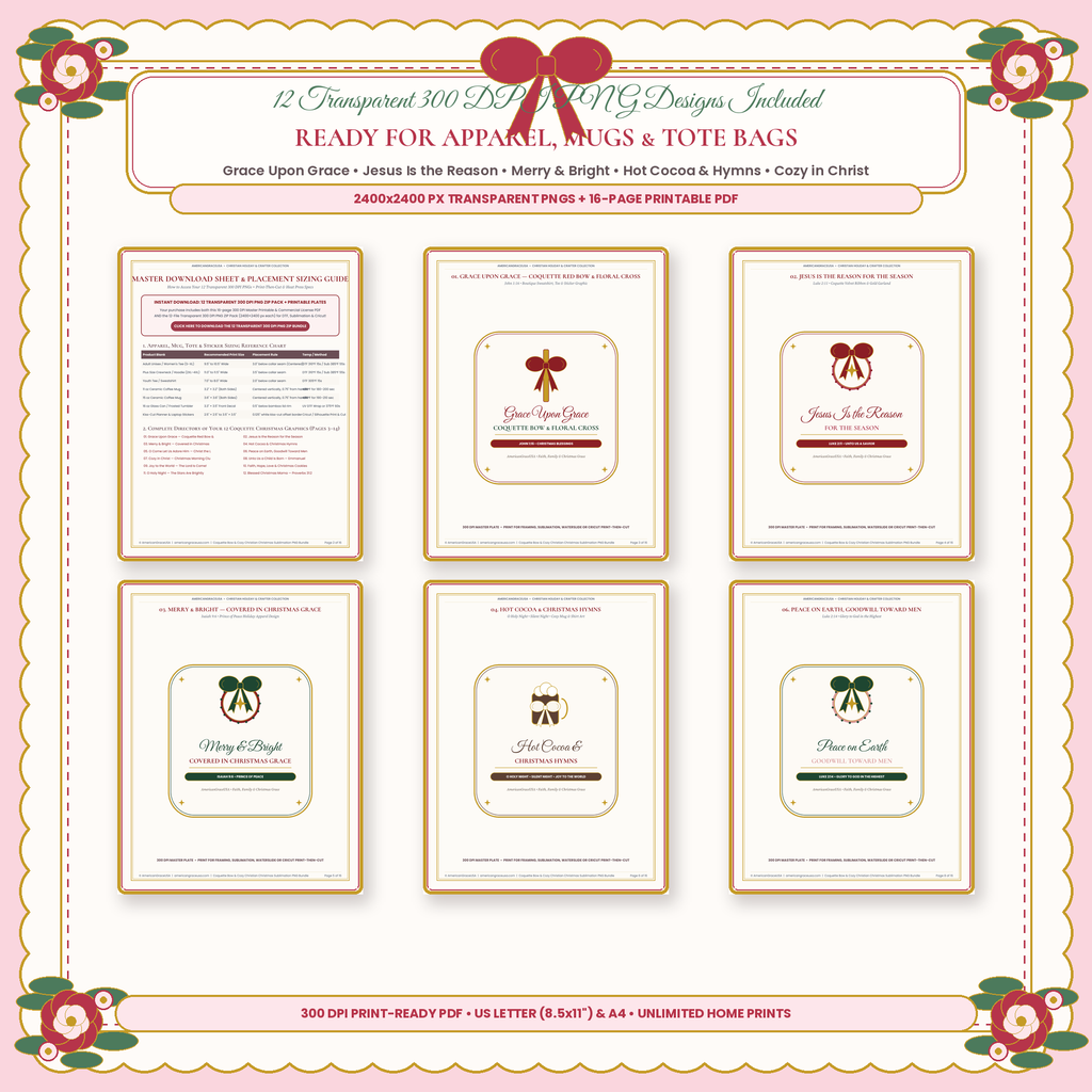 Coquette Bow & Cozy Christian Christmas 12-PNG Sublimation Bundle - All 12 Designs Showcase