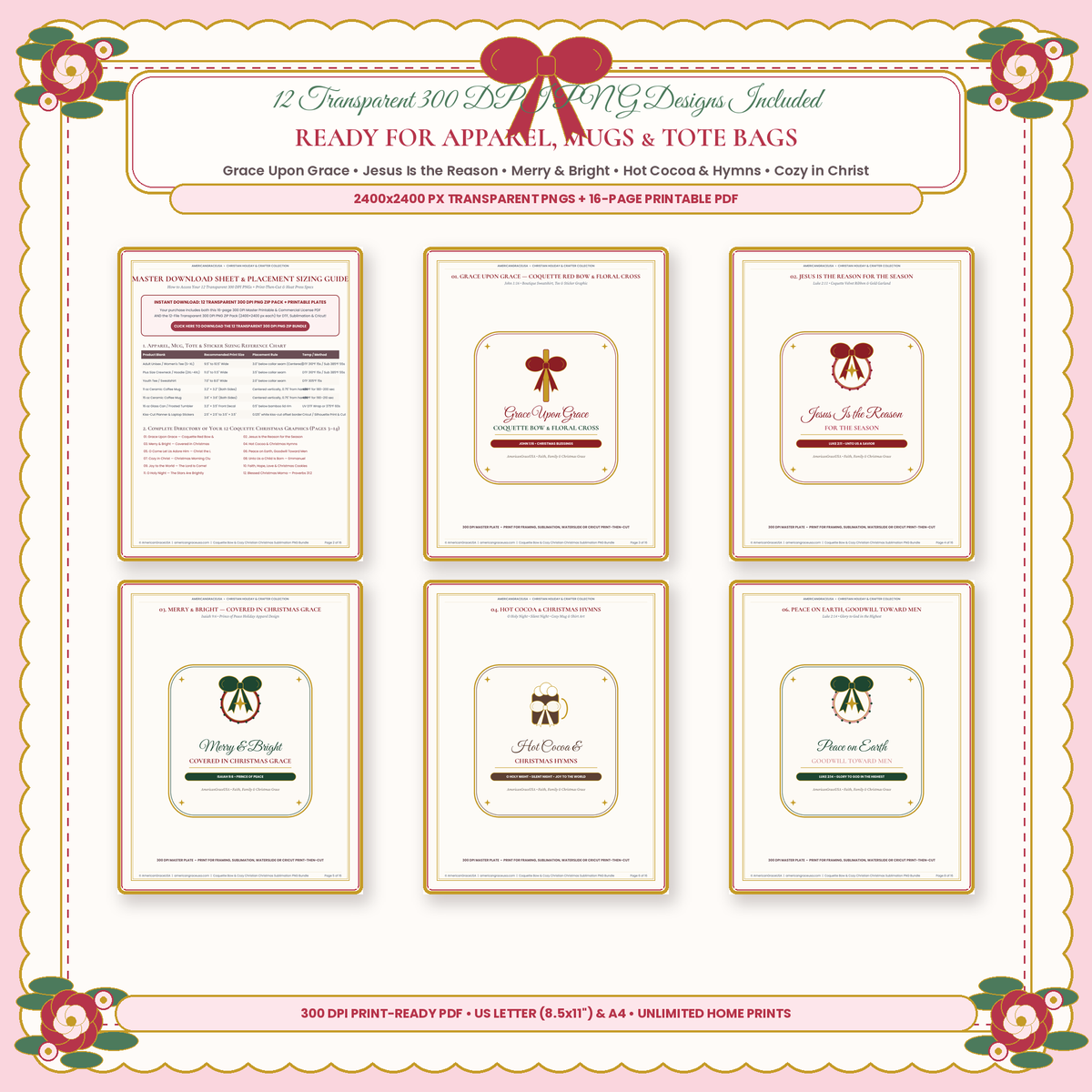 Coquette Bow & Cozy Christian Christmas 12-PNG Sublimation Bundle - All 12 Designs Showcase