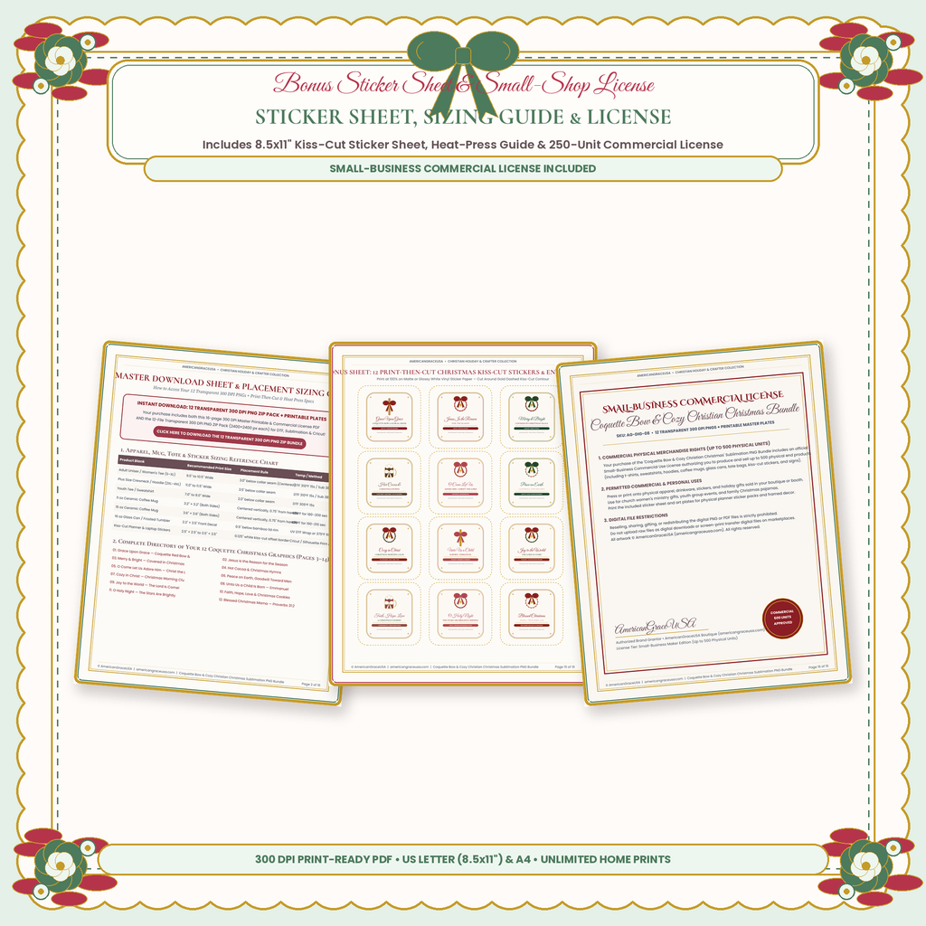 Coquette Bow & Cozy Christian Christmas 12-PNG Sublimation Bundle - Commercial License & Specs