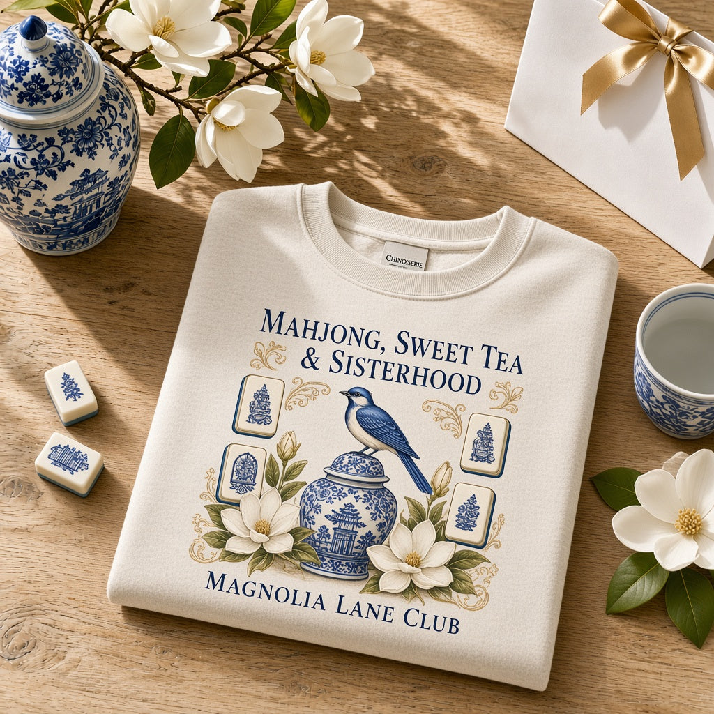 "Mahjong, Sweet Tea & Sisterhood • Magnolia Lane Club" Chinoiserie Bam Bird & Ginger Jar Heavyweight Crewneck Sweatshirt (Warm Sand) — Sunlit White Oak Table Close-Up