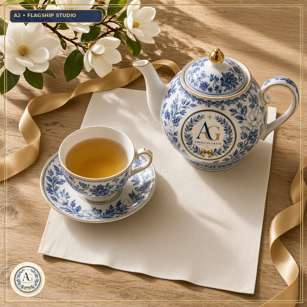"Savannah Porch" Fine Blue & White Porcelain Teapot, Scalloped Teacup & Saucer — Flagship Boutique Oak Table Studio