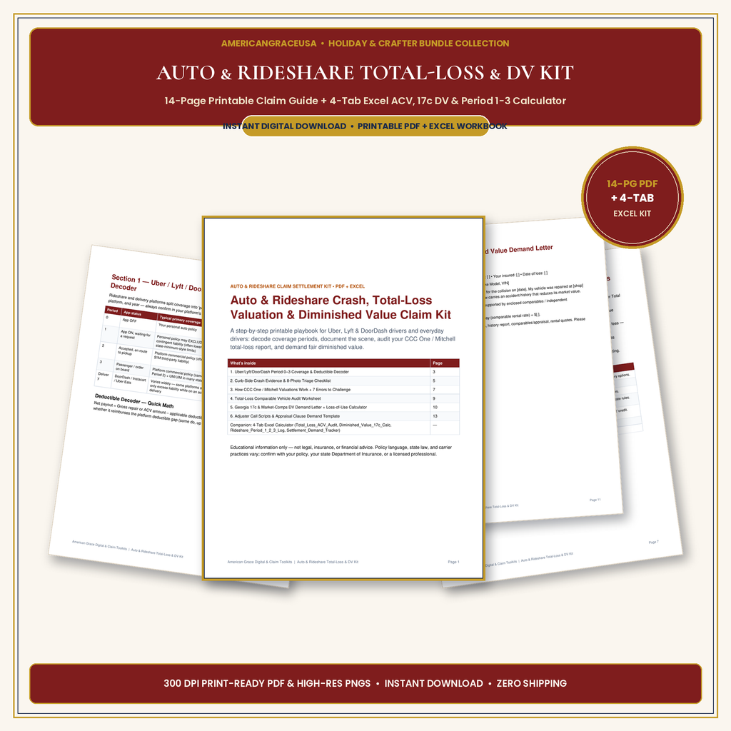 Auto & Rideshare Crash, Total-Loss Valuation & Diminished Value Claim Kit (PDF + Excel) - Hero Mockup