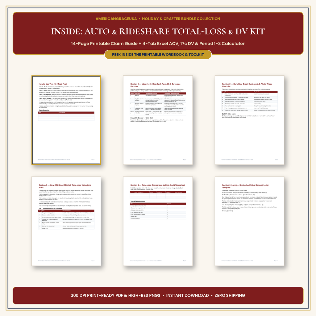 Inside the Auto & Rideshare Total-Loss & Diminished Value Claim Kit - 6-Page Spread Preview