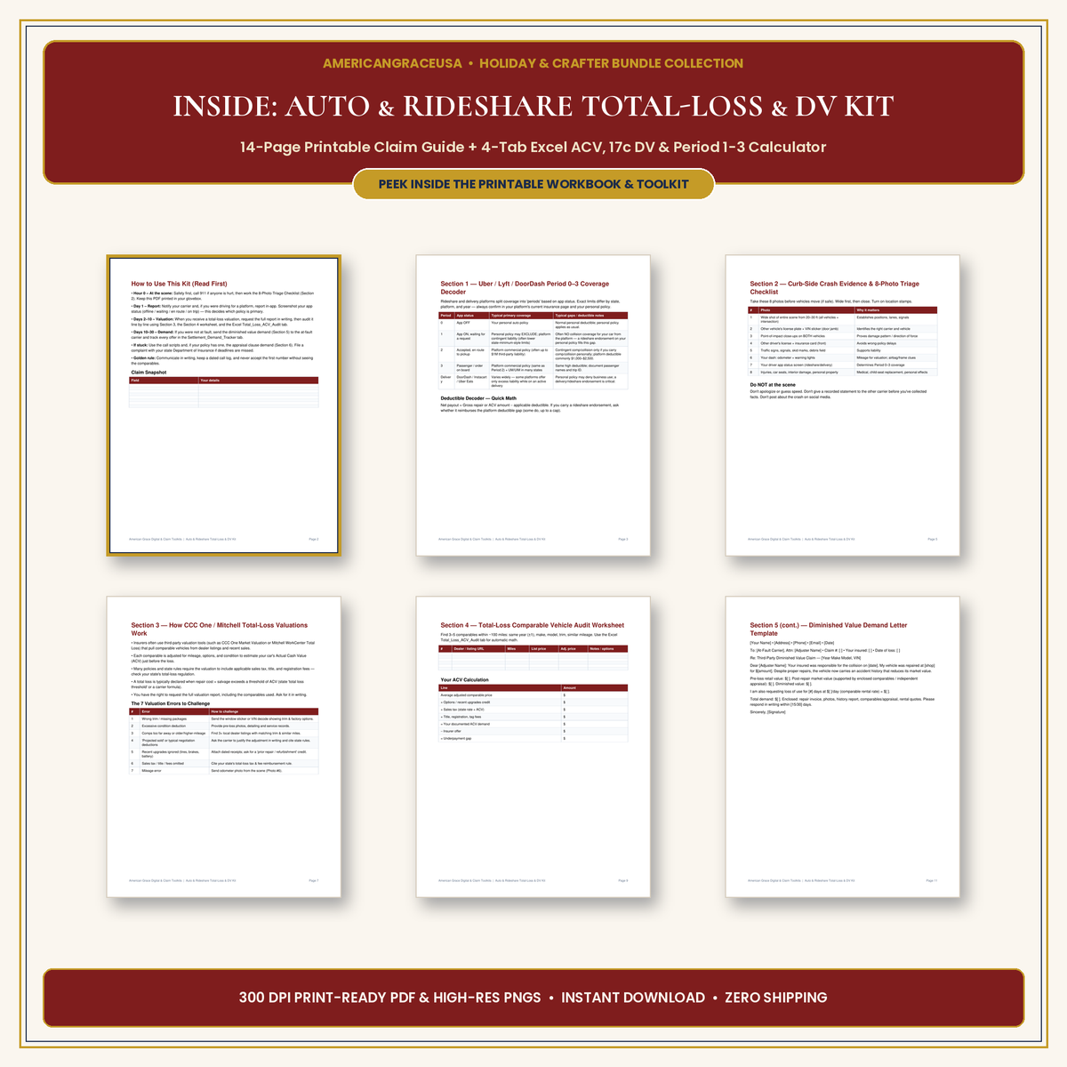 Inside the Auto & Rideshare Total-Loss & Diminished Value Claim Kit - 6-Page Spread Preview