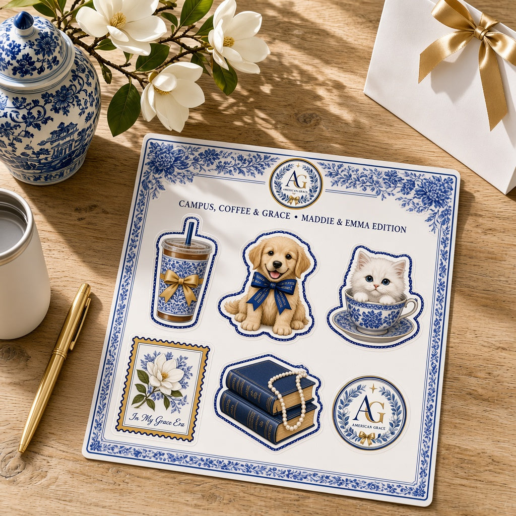 Maddie & Emma's "Campus, Coffee & Grace" AG-Bordered Kiss-Cut Collector's Sticker Sheet — Sunlit White Oak Table Close-Up
