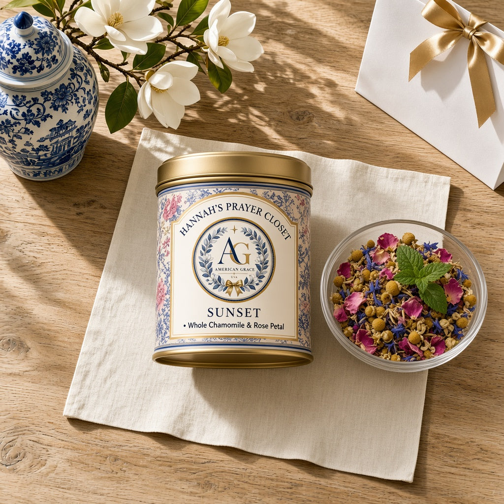 Hannah's Prayer Closet Sunset Blend — USDA Organic Whole Chamomile & Pink Rose Petal Tisane (American Grace USA) — Sunlit White Oak Table Close-Up