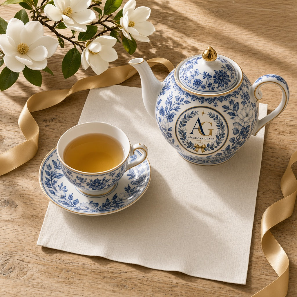 "Savannah Porch" Fine Blue & White Porcelain Teapot, Scalloped Teacup & Saucer — Sunlit White Oak Table Close-Up