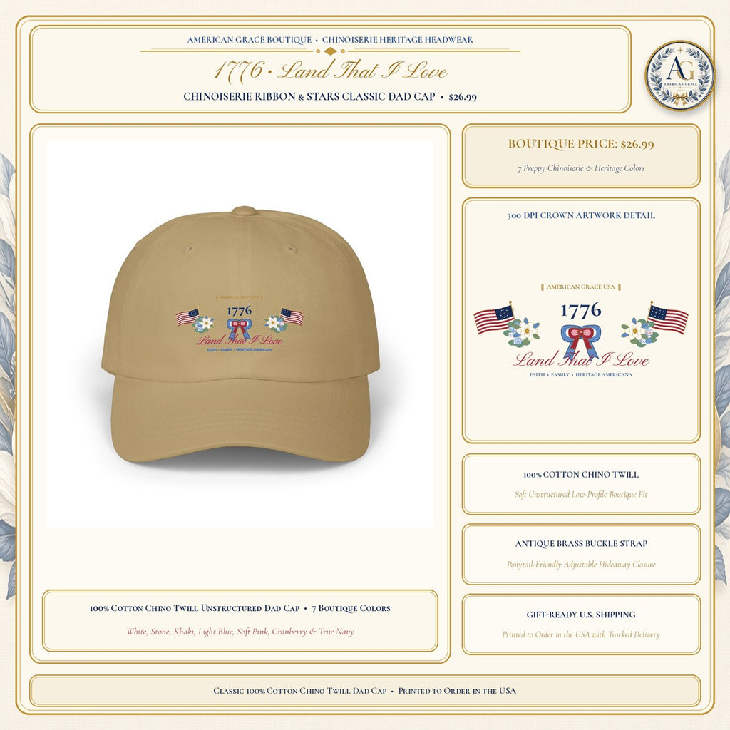 "1776 • Land That I Love" Chinoiserie Ribbon & Stars Classic Dad Cap - Boutique Gallery Card 1