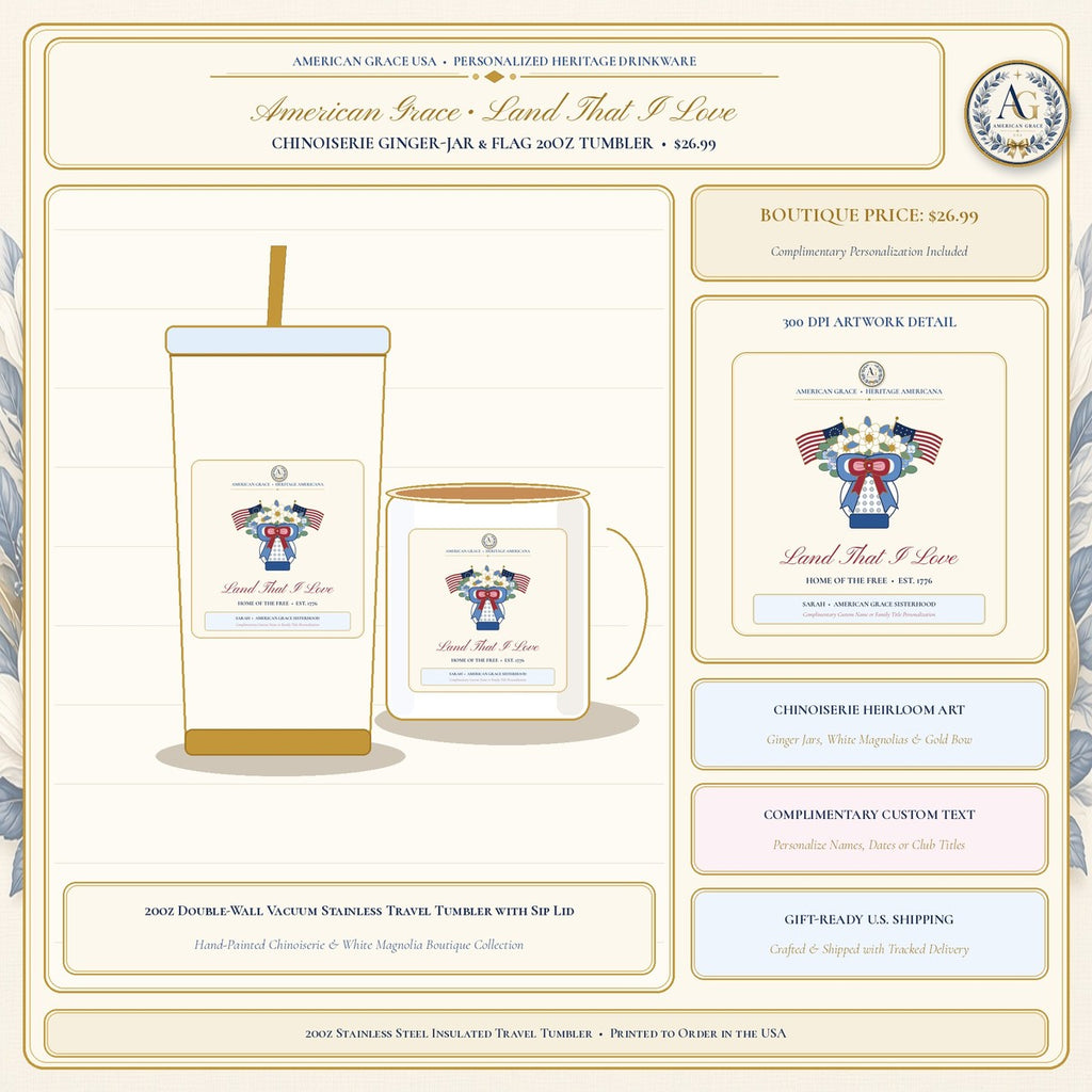 Personalized "American Grace • Land That I Love" Chinoiserie Ginger-Jar & Flag 20oz Stainless Travel Tumbler - Boutique Gallery Card 1