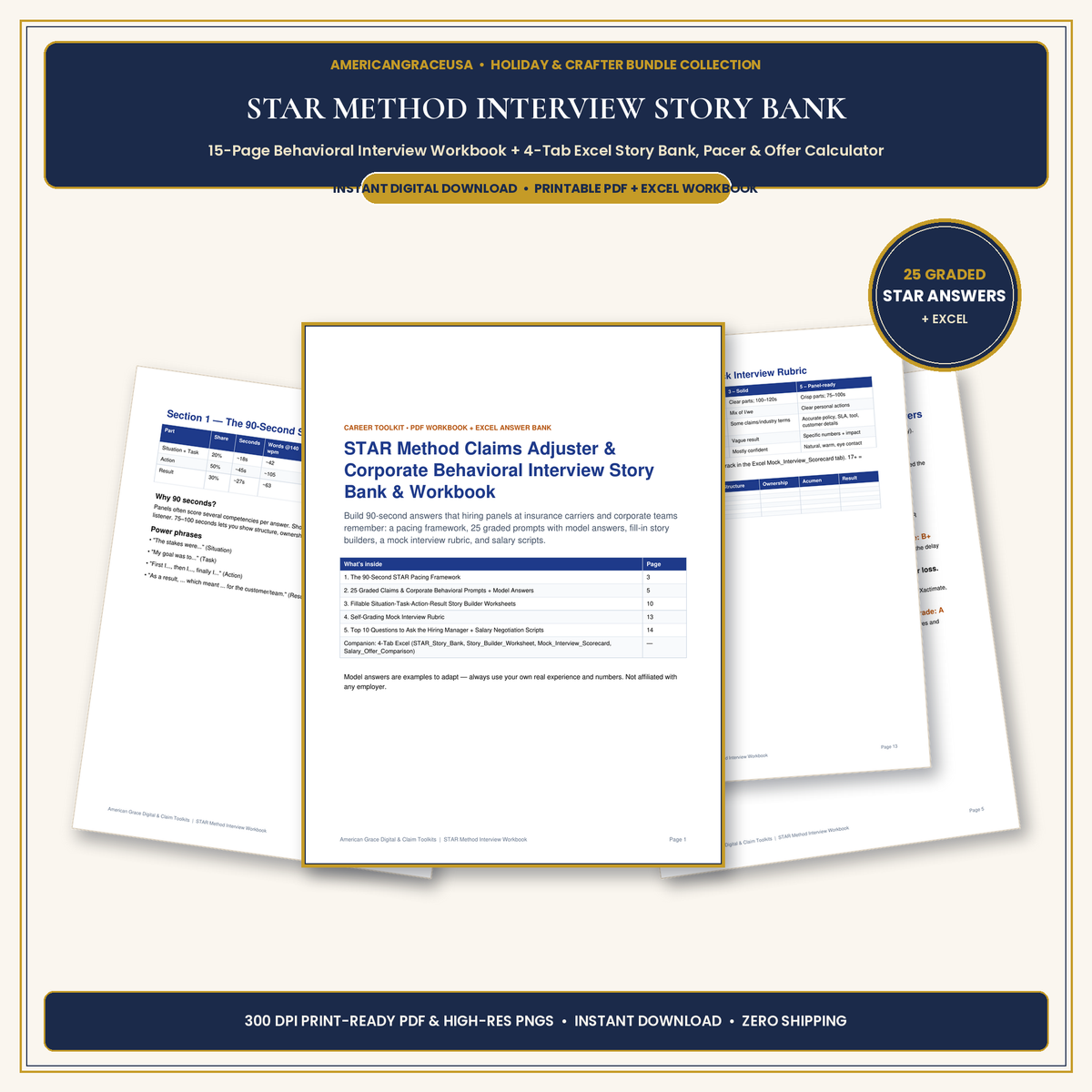STAR Method Claims Adjuster & Corporate Behavioral Interview Story Bank & Workbook (PDF + Excel) - Hero Mockup