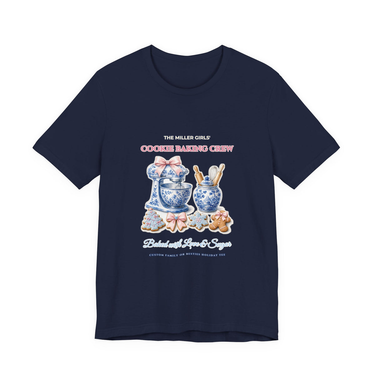 Personalized Custom Family or Besties Christmas Cookie Baking Crew Shirt | Chinoiserie Stand Mixer & Coquette Bow Bella+Canvas 3001 Tee