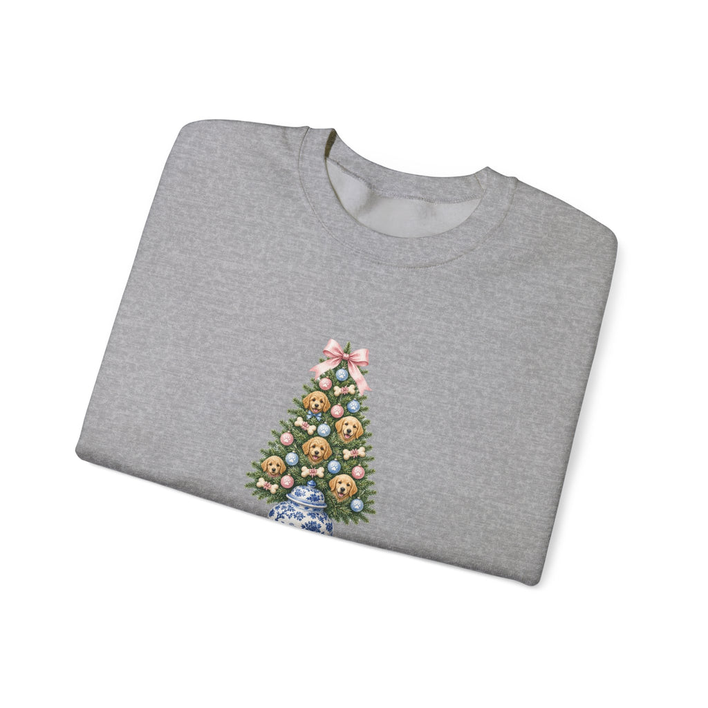 Merry Woofmas Chinoiserie Ginger-Jar Christmas Tree & Golden Doodle Ornaments Sweatshirt | Coquette Bow Dog Mom Holiday Crewneck