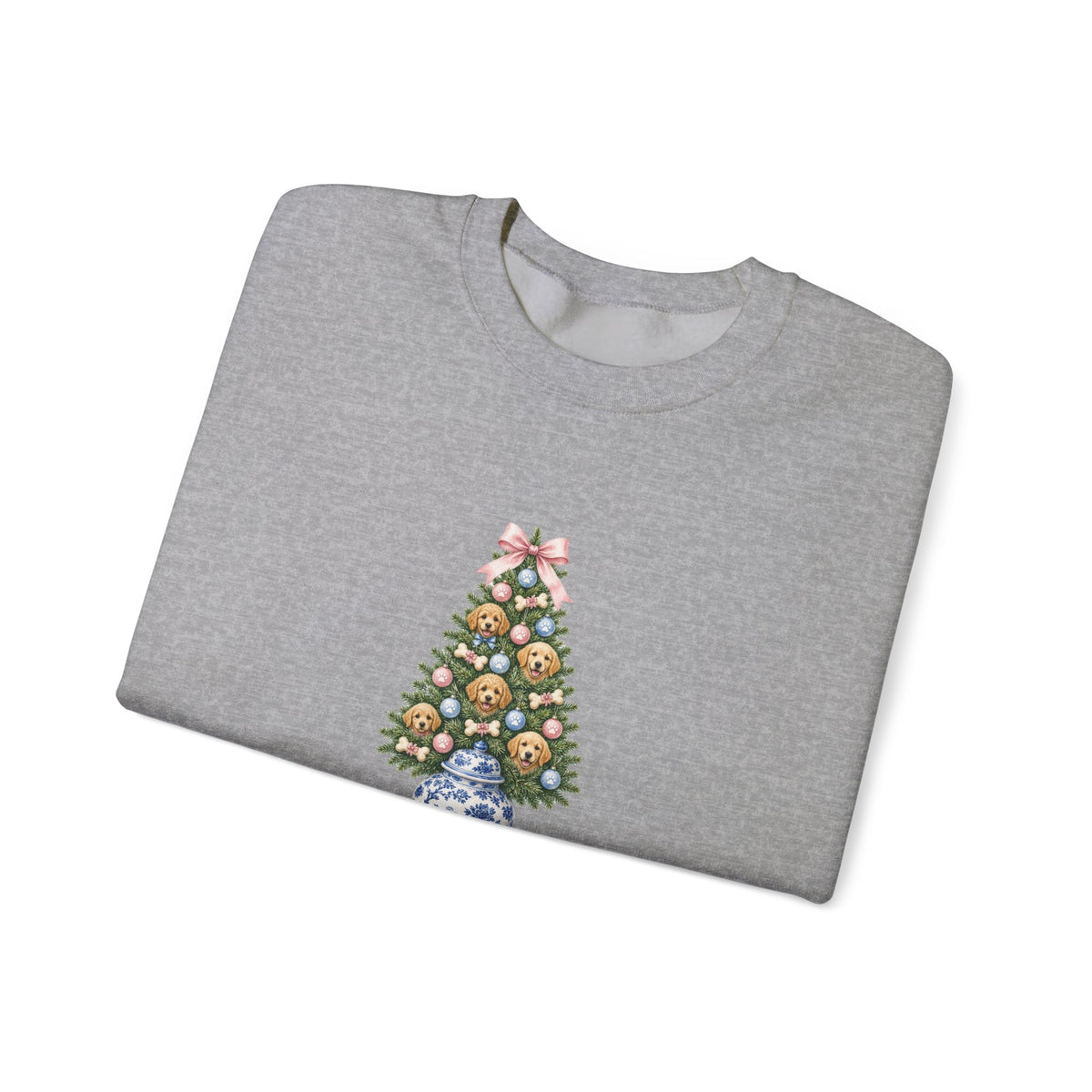 Merry Woofmas Chinoiserie Ginger-Jar Christmas Tree & Golden Doodle Ornaments Sweatshirt | Coquette Bow Dog Mom Holiday Crewneck