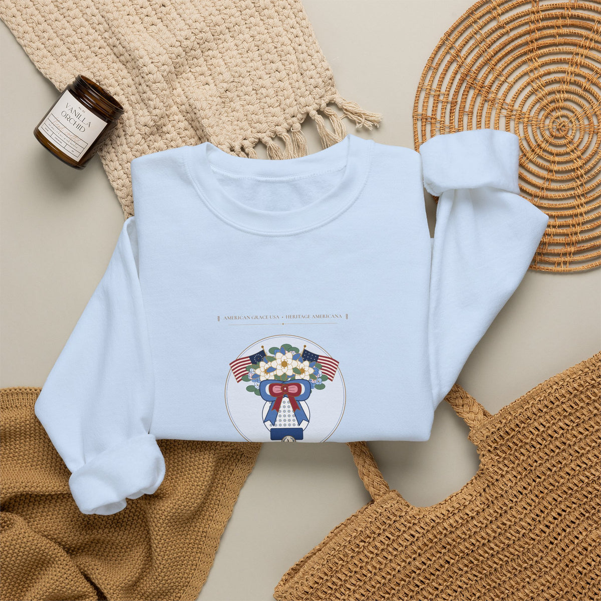 "Land That I Love • Est. 1776" Chinoiserie Ginger Jar, White Magnolia & Vintage American Flag Bow Heavyweight Crewneck Sweatshirt