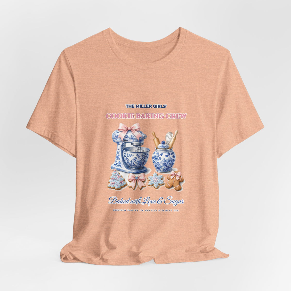 Personalized Custom Family or Besties Christmas Cookie Baking Crew Shirt | Chinoiserie Stand Mixer & Coquette Bow Bella+Canvas 3001 Tee