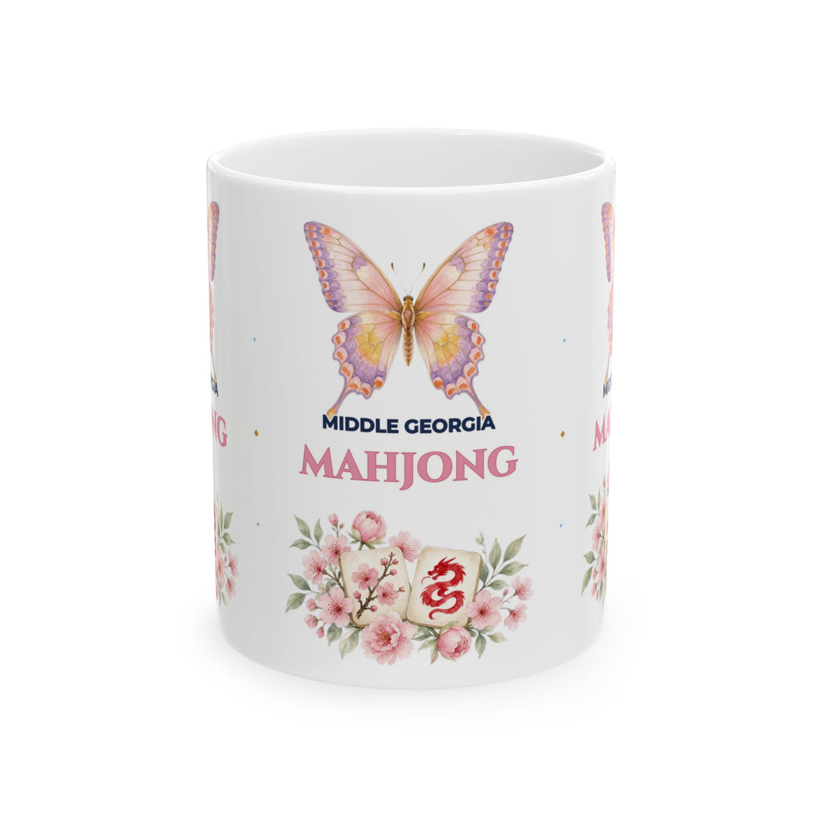 Personalized Custom City or Club Name Mahjong Club Mug | Watercolor Butterfly & Chinoiserie Floral Ceramic Coffee Cup (11oz / 15oz)