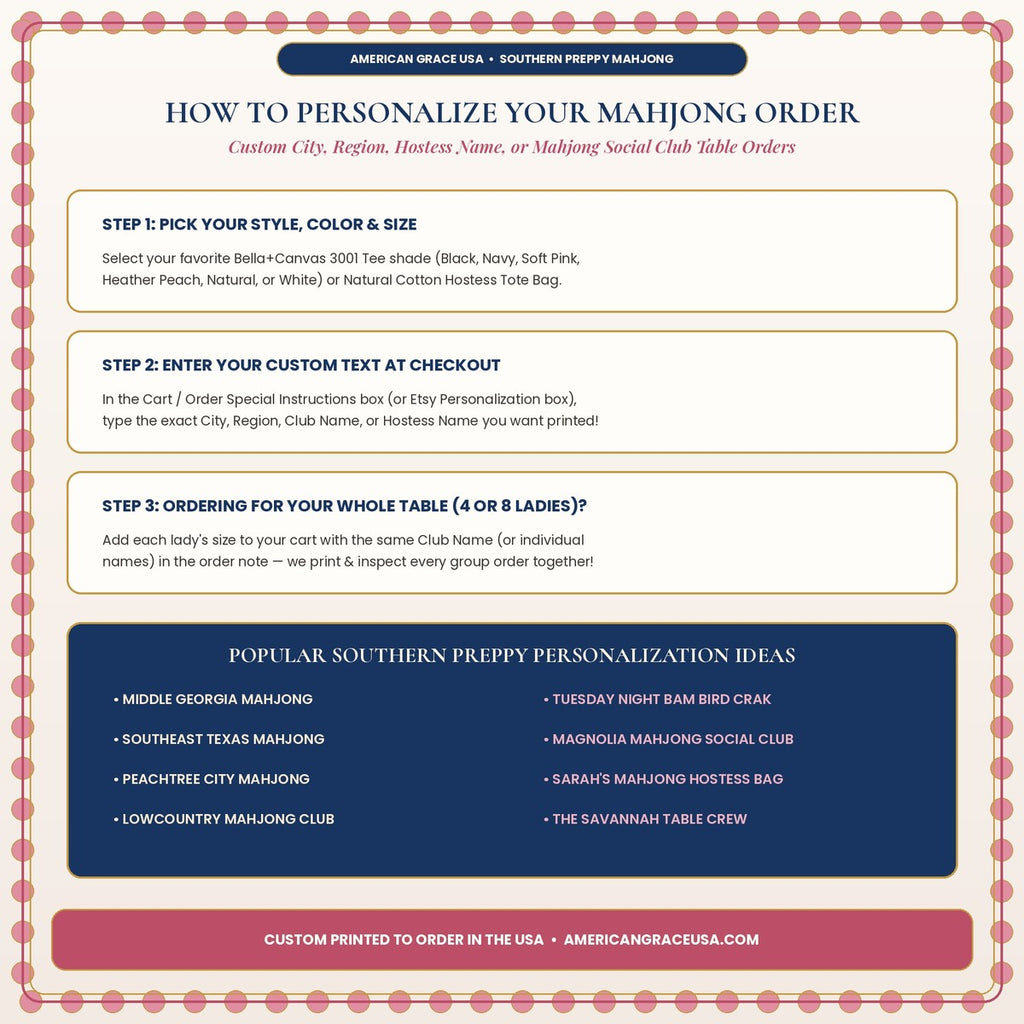 How to Personalize Your Custom City or Mahjong Club Name Order — Group Table Ordering Guide by AmericanGraceUSA