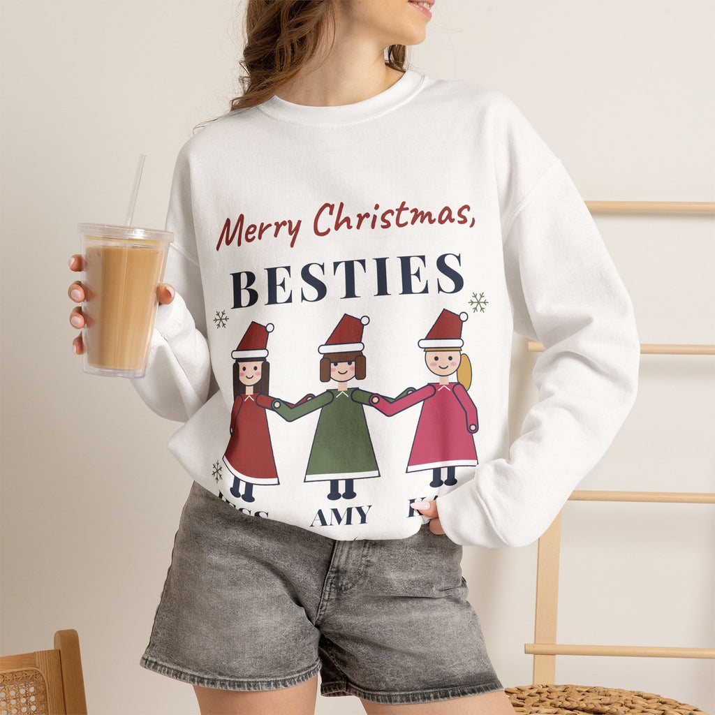 Best Friends Christmas Sweatshirt Personalized, Merry Christmas Besties with 3 Names, Matching Friend Group Crewneck
