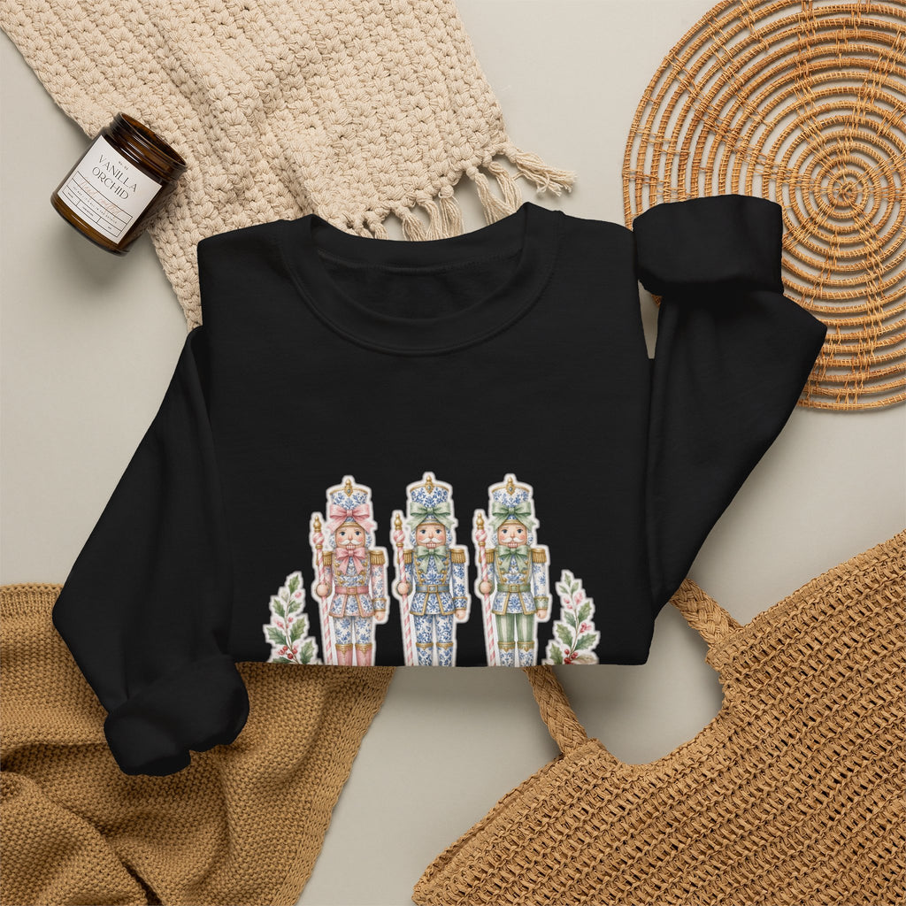 Pastel Chinoiserie Nutcracker & Pink Coquette Bow Holiday Sweatshirt | Grandmillennial "Merry & Bright" Christmas Crewneck